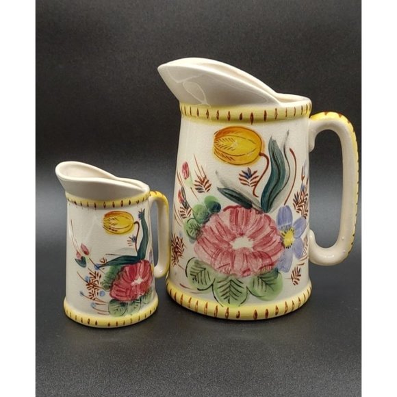 Pitcher Set Ceramic 7 and 4.5 Inches Hand Painted Floral - Picture 1 of 8